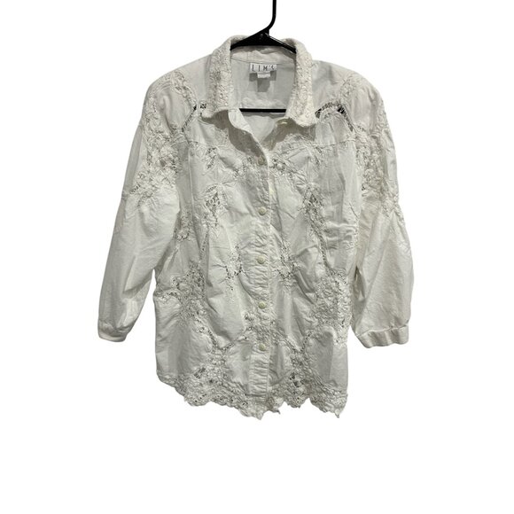 LIMS Lace Button Front Shirt White Collared 3/4 Sleeve Career Bohemian Artsy - Picture 1 of 8